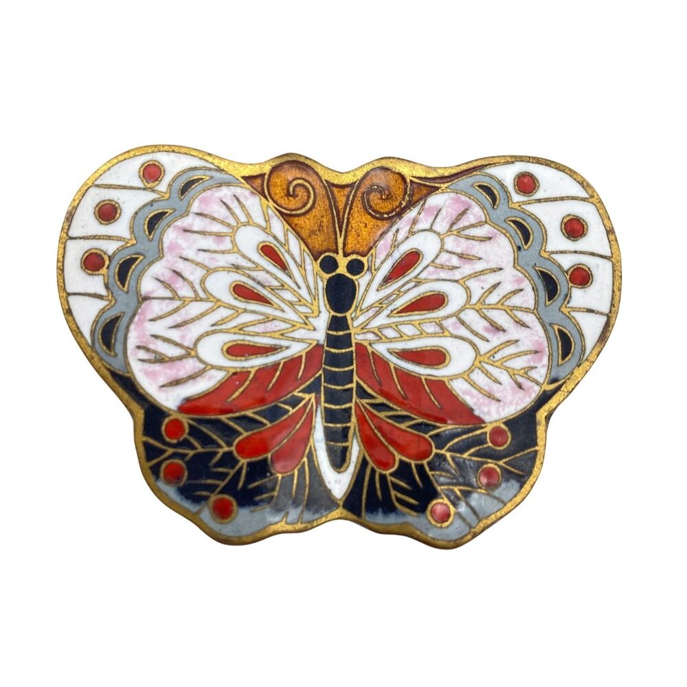 Cloisonne Butterfly pill box trinket box small white blue floral Enamel - Picture 1 of 10